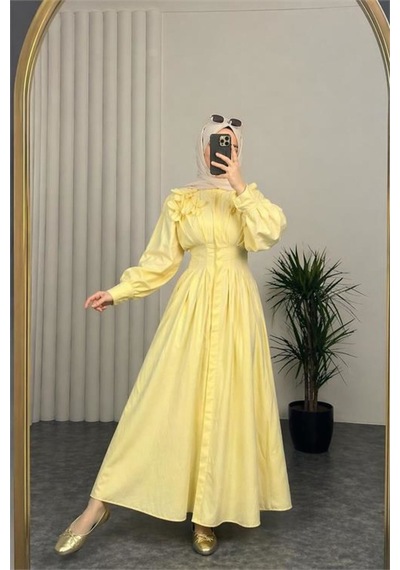 Neşeli Butik Kadın Sarı Belden Oturtmalı Çiçek Detaylı Premium Tesettür Elbise Nbvq4933