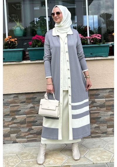 Rabia Şamlı İmge Çizgili Triko Hırka Gri Çok Renkli