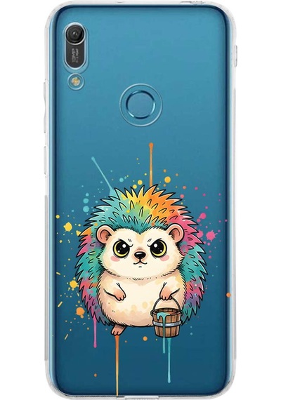 Huawei Y6 Pro 2019 İle Uyumlu Splash Kirpi Tasarımlı Şeffaf Silikon Kılıf Şeffaf