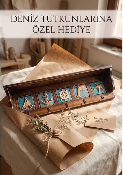 Anahtarlık, Duvara Asılabilir Taç Raflı Deniz Temalı Spirütüel Anahtar Askısı 53x8,5x15,5 H Ahşap
