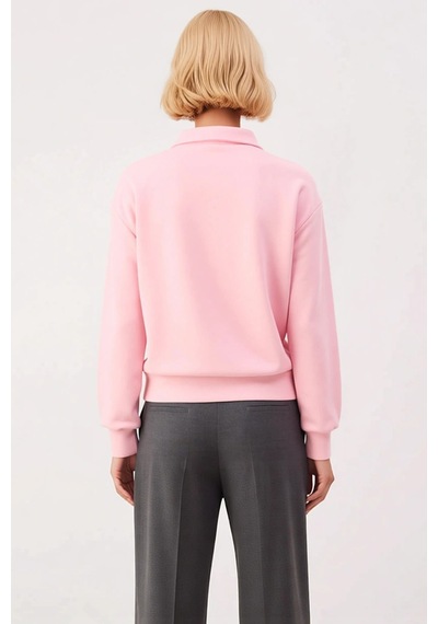 Benerly Kadın Polo Yaka Düşük Kol Fermuarlı Regular Kalıp Örme Sweatshirt Açık Pembe