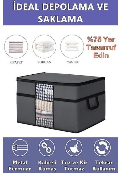 3 Adet Pencereli Yastık Saklama Hurcu - Mega Boy Yorgan Hurç Organizer Düzenleyici - 75 X 40 X 40 Cm Antrasit Diğer