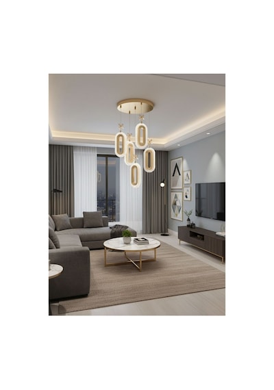 LumiaLighting Eclipse Model 5'li Kumandalı Gold 3 Renk Ledli Kristal Taşlı Modern Salon Mutfak Oturma Odası Led Avize Altın