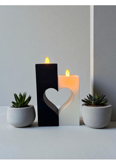 Kalp Detaylı İkili Led Tealight Mumluk Siyah Beyaz Romantik Dekoratif Set