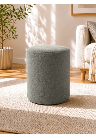 Taş Gri Welsoft Kumaş Puf 40x45 Cm Yuvarlak Puf Dekoratif Oturma Pufu Yumuşak Dokulu Modern Puf