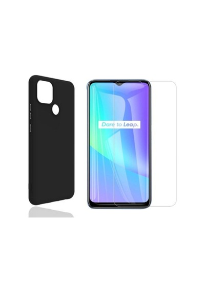 Oppo Realme C25 Yumuşak Soft Silikon Telefon Kılıfı Ve Temperli Cam Ekran Koruyucu Seti Siyah