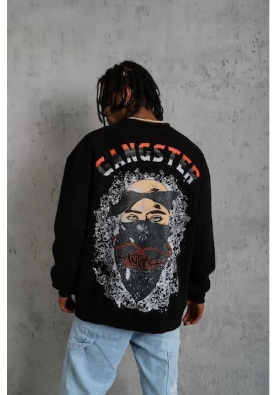 Yake Store Erkek 3 İplik Gangster Baskılı Sweatshirt - Siyah - Siyah