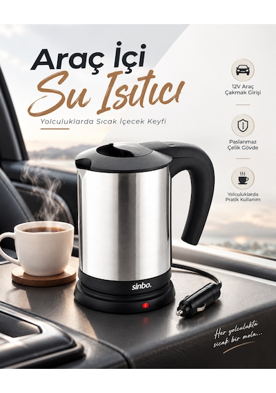 Otomobil İçin 12v Çakmak Soketli Paslanmaz Çelik Taşınabilir Su Isıtıcı Seyahat Kettle - Lisinya