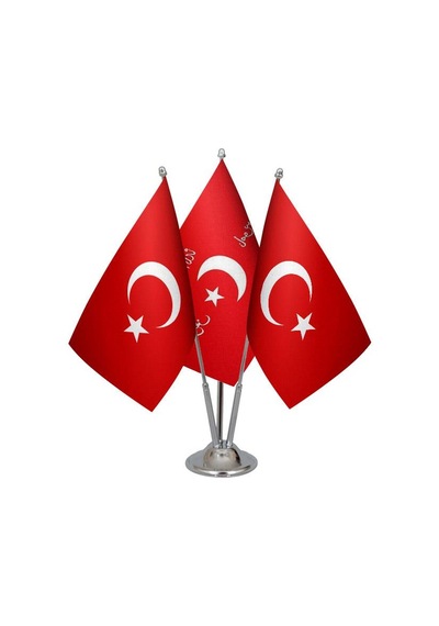 Masa Üstü İttihat ve Terakki Bayrağı Türk Bayrağı Üçlü Krom Direk