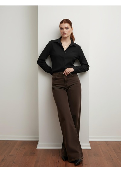 Pera Moda Kadın Slim Fit Pamuklu Ofis Gömleği Koyu Siyah