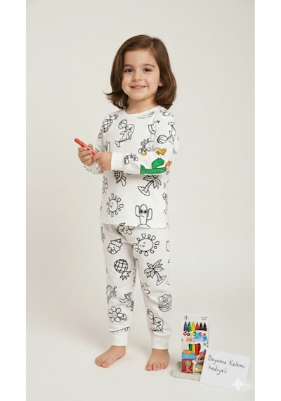 Bebelove Boyanabilir Çocuk Pijaması Eğitici, Eğlenceli, Pamuklu Pijama Takımı Beyaz