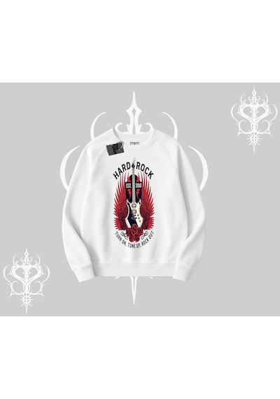 Biskilet Sweatshirt Hard Rock Winged Guitar Rebellion Beyaz