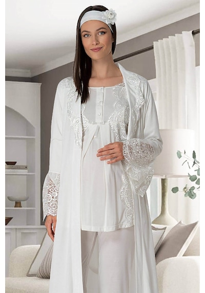 Mecit Pijama 5353 Sandra Dantelli Yaka Sabahlıklı Lohusa Pijama Takımı 001