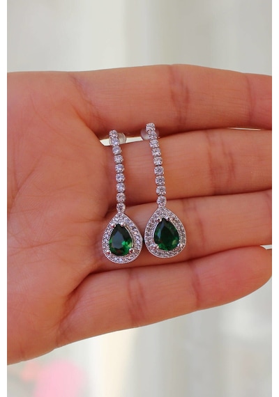 Niki Aksesuar Diamond Model Yeşil Damla Küpe Yeşil