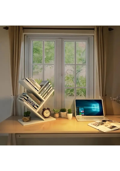 Ağaç 5 Raflı Dekoratif Kitaplık Eğimli Raflı Modern Masaüstü Kitaplık Beyaz Beyaz