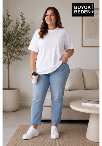 Superlife Büyük Beden Kadın Bisiklet Yaka Yırtmaç Detaylı 3xl-6xl Tunik Tişört Spr26btsk501 Beyaz