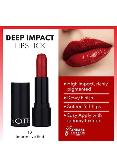 Note Cosmetics Deep Impact Lipstick 13 Impressive Red Kremsi Dokulu Yarı Parlak Ruj, Kırmızı Diğer