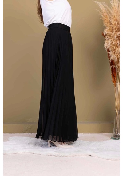 Lodmela Beli Lastikli Pliseli Şifon Pantolon 6030-siyah Siyah