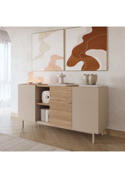 Robin Home Luka Konsol 3 Kapaklı Raflı Ahşap Ayaklı 150cm Kumsal-sepet Bej