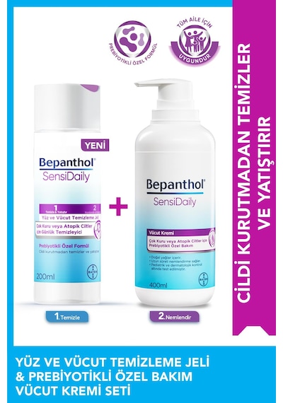 Bepanthol Sensidaily Günlük Vücut Bakım Kremi 400ml + Yüz Ve Vücut Temizleme Jeli 200ml - Çok Kuru Atopik Ciltler