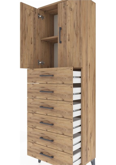 Arges Dolap 2 Raflı 6 Çekmeceli 2 Kapaklı 60x30x182 Çam-çam Çam