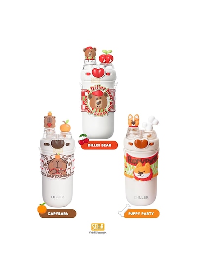 Diller 520ml Sevimli Hayvanlar Süslü Pipetli/pipetsiz Boyun Askılı Paslanmaz Çelik Termos Capybara
