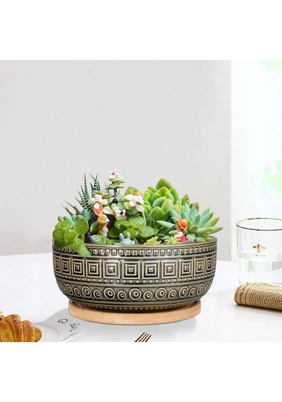 Tr İç Mekan Bitkileri İçin 20,5 Cm Seramik Sukulent Saksıları Yuvarlak Sığ Bonsai Saksı Drenaj Ve Bambu Tabağı Genel