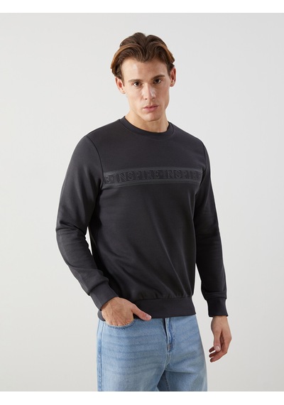 Lcwaıkıkı Classic Antrasit Bisiklet Yaka Baskılı Erkek Kalın Sweatshirt