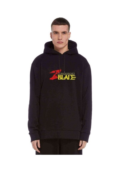 Conqueror' Balde Baskılı Siyah Erkek Örme Kapşonlu Sweatshirt