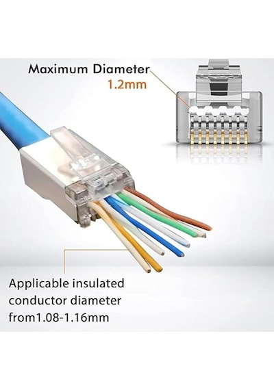 100 Adet - Rj45 Cat6 Metal Ez Yeni Nesil Delikli Konnektör - Çapraz Pinli Easy Type