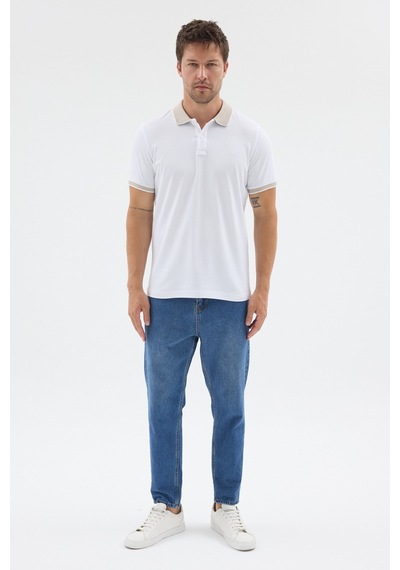 Beyaz-bej Polo Yaka Pike Kısa Kol Slim Fit %100 Pamuk Tişört 1011260171