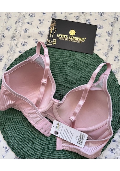 Evelyn Parlak Saten Çizgi Detaylı C Cup Balenli Desteksiz Önü Tül Pembe