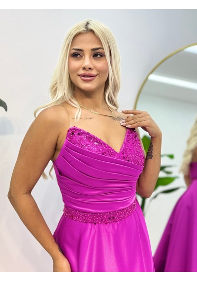 E&a Eren Abiye Kadın Kalp Yaka Derin Yırtmaçlı Saten Abiye Pembe