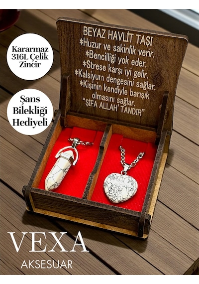 Çelik Beyaz Havlit Taşı Çift Sevgili Kolyesi 316l Çelik Şans Bilekliği Hediyeli Gümüş