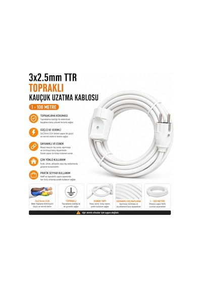 3x2.5mm Ttr Tekli Beyaz Topraklı Kauçuk Uzatma Kablosu 10 Metre Standart