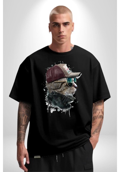 Pilot Çeketli Deri Şapkalı Cool Kedi Pamuklu Bisiklet Yaka Unisex Oversize Boyfriend Dijital Baskılı Siyah T-shirt Siyah Pilot Çeketli Deri Şapkalı Cool Kedi Pamuklu Bisiklet Yaka Unisex Oversize Boyfriend Dijital Baskılı Siyah T-shirt Siyah