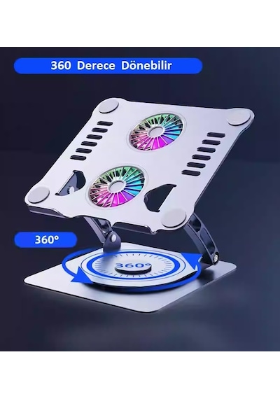 Metal Laptop Standı 360 Derece Dönebilir Rgb Çift Fanlı Premium Serisi Notebook Tutucu Alüminyum Macbook Yükseltici 11-17 İnç