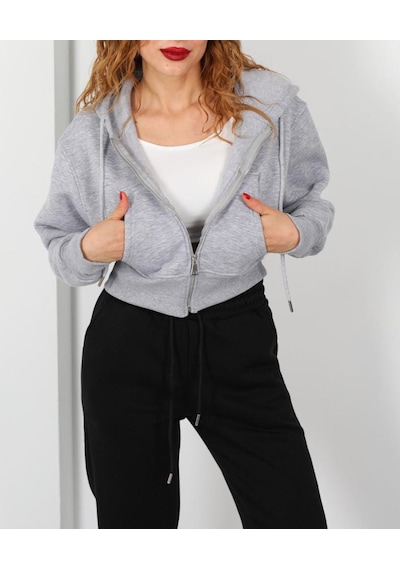 İs Berceste Kapüşonlu 3 İplik Gri Melanj Kadın Crop Sweatshirt Ceket Açık Gri