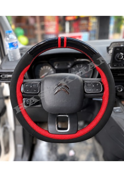 Citroen C3 Aircross Dikme Direksiyon Kılıfı Parlak Siyah Kırmızı Detaylı Kırmızı Çift Yüzük Ve Dikiş 2017-2024