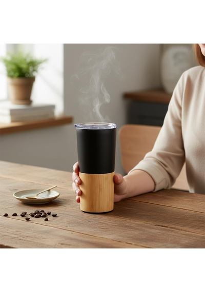 600 Ml Bambu Tabanlı Çelik Termos Mug - 5 Farklı Renk Seçenekli Sıcak Ve Soğuk Tutucu Seyahat Bardağı Siyah Çok Renkli