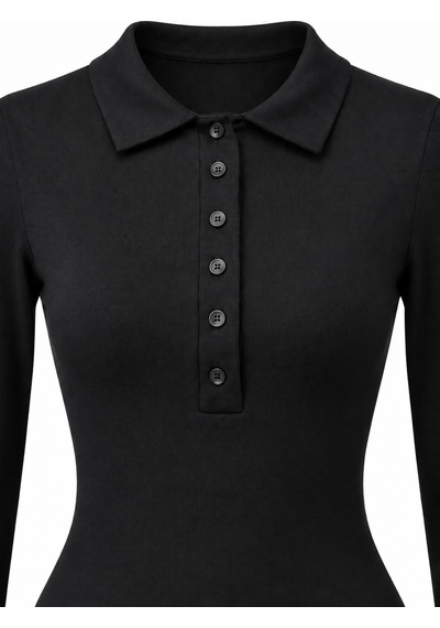 Mixray 2246 Kadın Polo Yaka Düğmeli Uzun Kollu Slim Fit Bluz Siyah