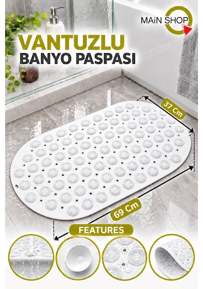 Vantuzlu Banyo Ve Duşakabin Kaydırmaz Paspas, Küvet İçi Masaj Etkili Mat 37x69 Cm M-142 Beyaz