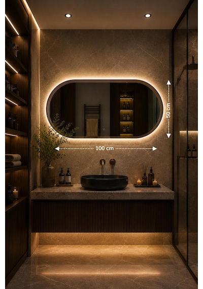 Albus Home Terra 50x100 Led Aydınlatmalı Dekoratif Banyo Aynası Dokunmatik Buğu Önleyici Çerçevesiz Cam