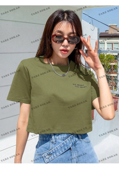 Flood Of Style Crop Ckod-232913 Dazy Sloganlı Yuvarlak Yaka Yeşil
