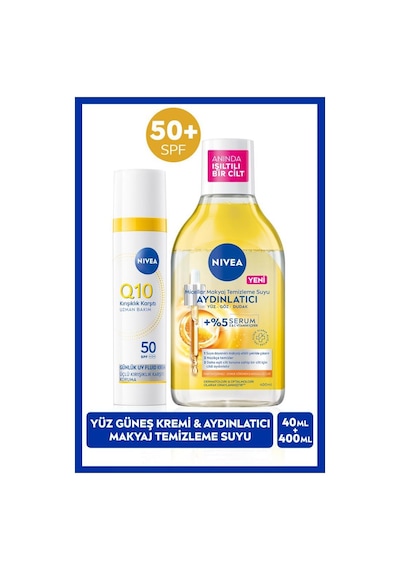 Q10 Spf50 Güneş Koruyucu Yüz Bakım Kremi 40ml Ve Aydınlatıcı Micellar Makyaj Temizleme Suyu 400ml