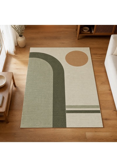 Kartela Halı Japandi Kemer Desenli Halı Adaçayı Yeşili Kaymaz Taban Makinede Yıkanabilir 120x180 Cm