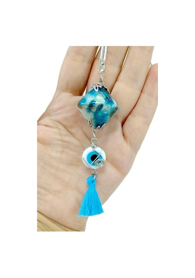 Turkuaz Püsküllü Seramik Araba Dikiz Ayna Süsü, Beyaz Nazar Boncu