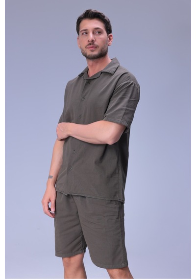 Erkek Rahat Kalıp Cepli Keten Gömlek Ve Beli Lastikli Şort Yazlık Oversize Takım Haki