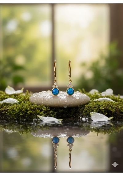 925 Ayar Papatya Silver Mavi Opal Taşlı Küpe.rose.gold.rodaj Gümüş