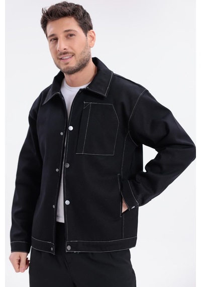 Erkek Dikiş Detaylı Oversize Gabardin Ceket - Mont-392 Siyah